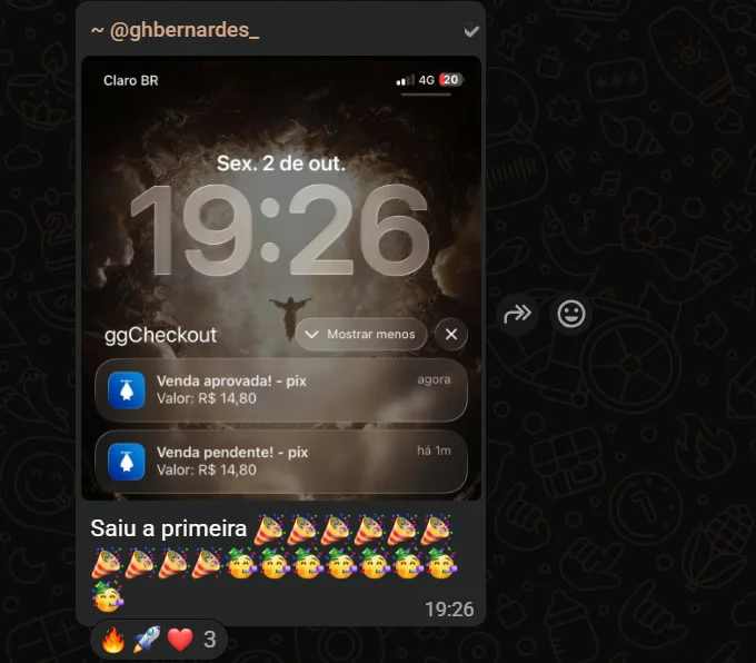 @ghbernardes_ no grupo de membros: print de venda aprovada por pix e a mensagem Saiu a primeira.