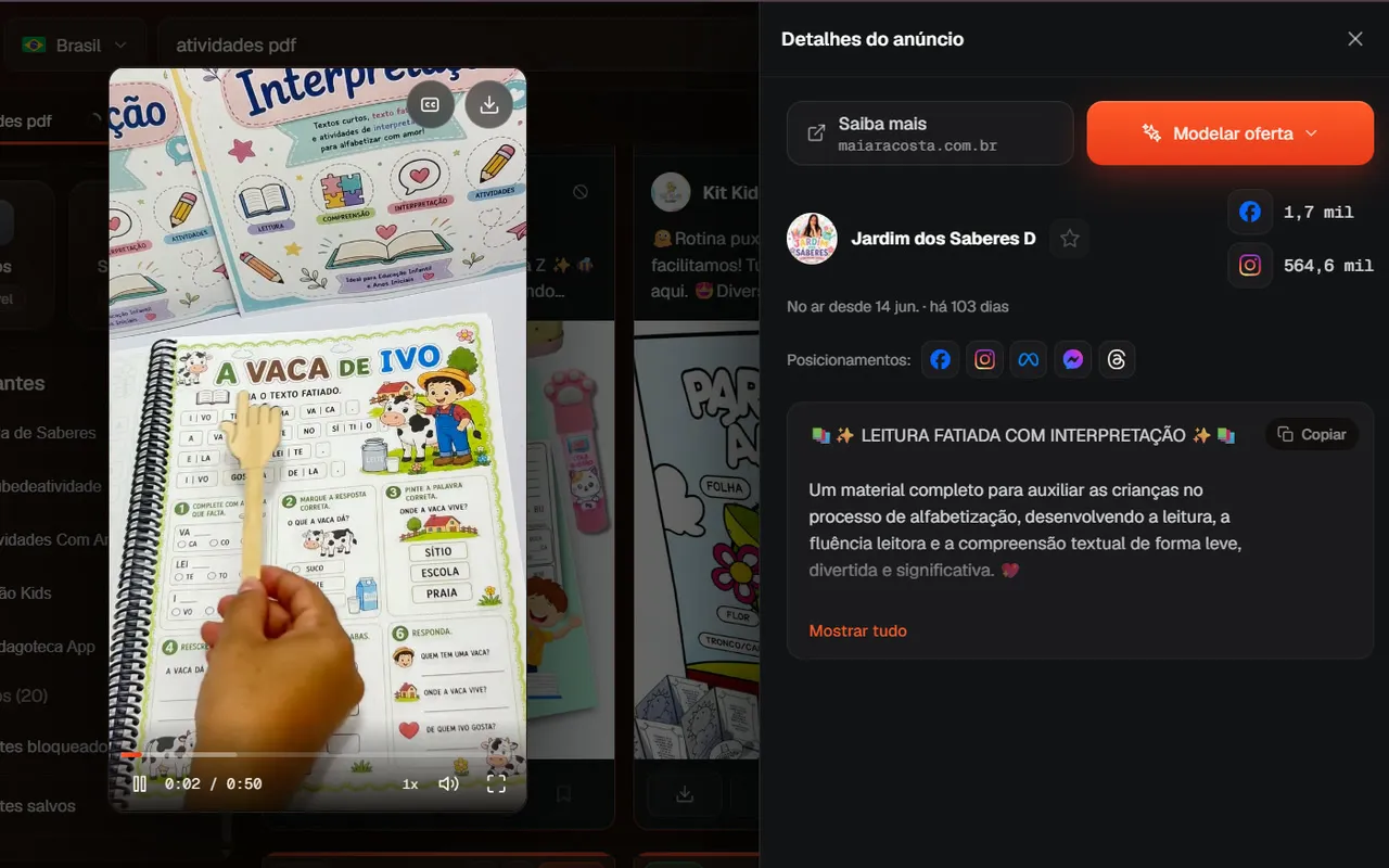Gaveta de detalhes do anúncio com o botão Modelar oferta