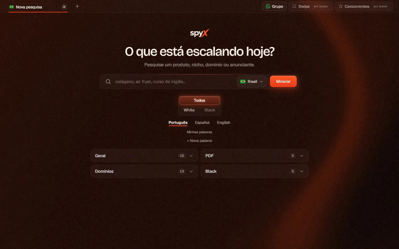 Tela inicial do Spyx com a busca e as listas de palavras-chave